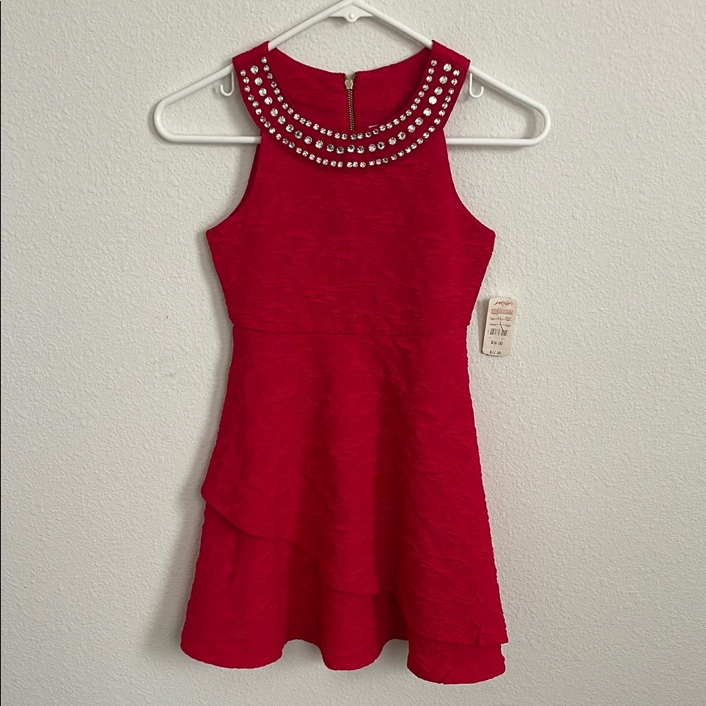 Embellished Red Halter Fit and Flare Cocktail Dress